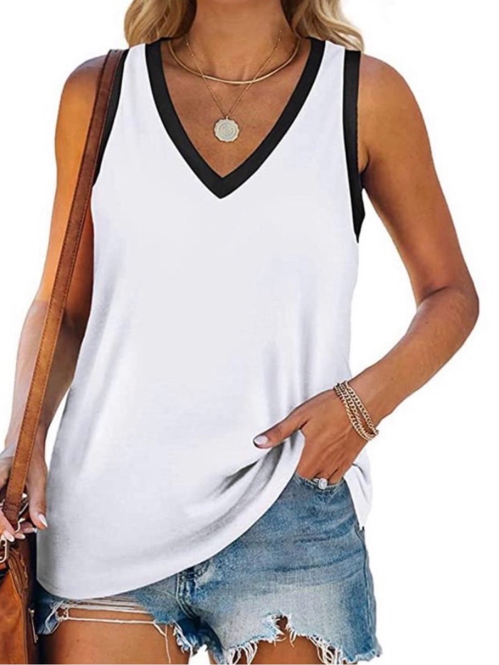 Karl Lagerfeld White V-Neck Sleeveless Camisole with Black Trim